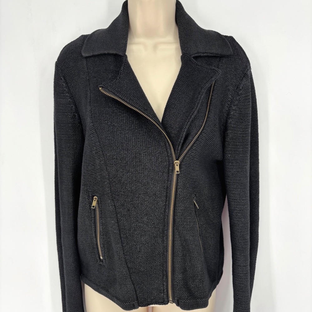 Jana Womens Black 100% Cotton Knit Asymmetrical Moto Biker Jacket Size Medium